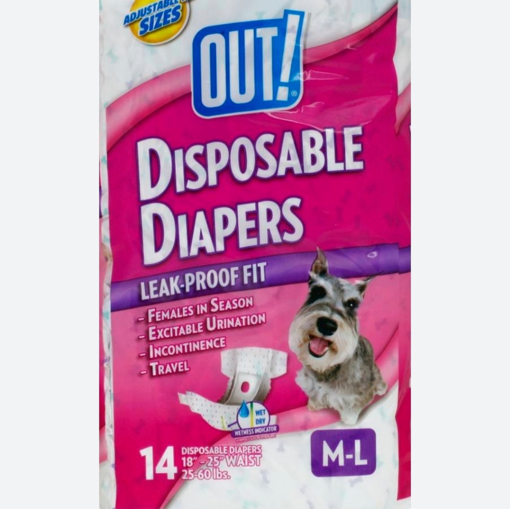 OUT! 14 DISPOSABLE DOG DIAPERS M-L Medium / Large 18-25" WAIST 100% Leak-Proof.